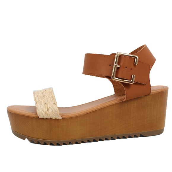 Tan Open Toe Raffia Straw Ankle Strap Flatform Wed - Picture 3 of 6